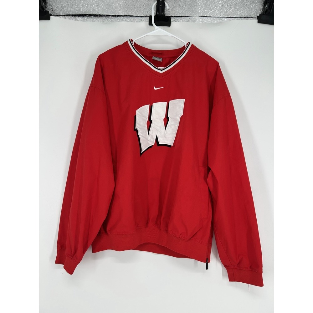 Nike Wisconsin Badgers Windbreaker Center Swoosh Pullover Vintage Y2K V Neck L
